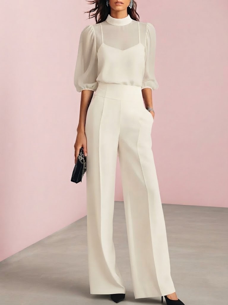 Valéria | Conjunto de tres piezas con top transparente y pantalón ancho