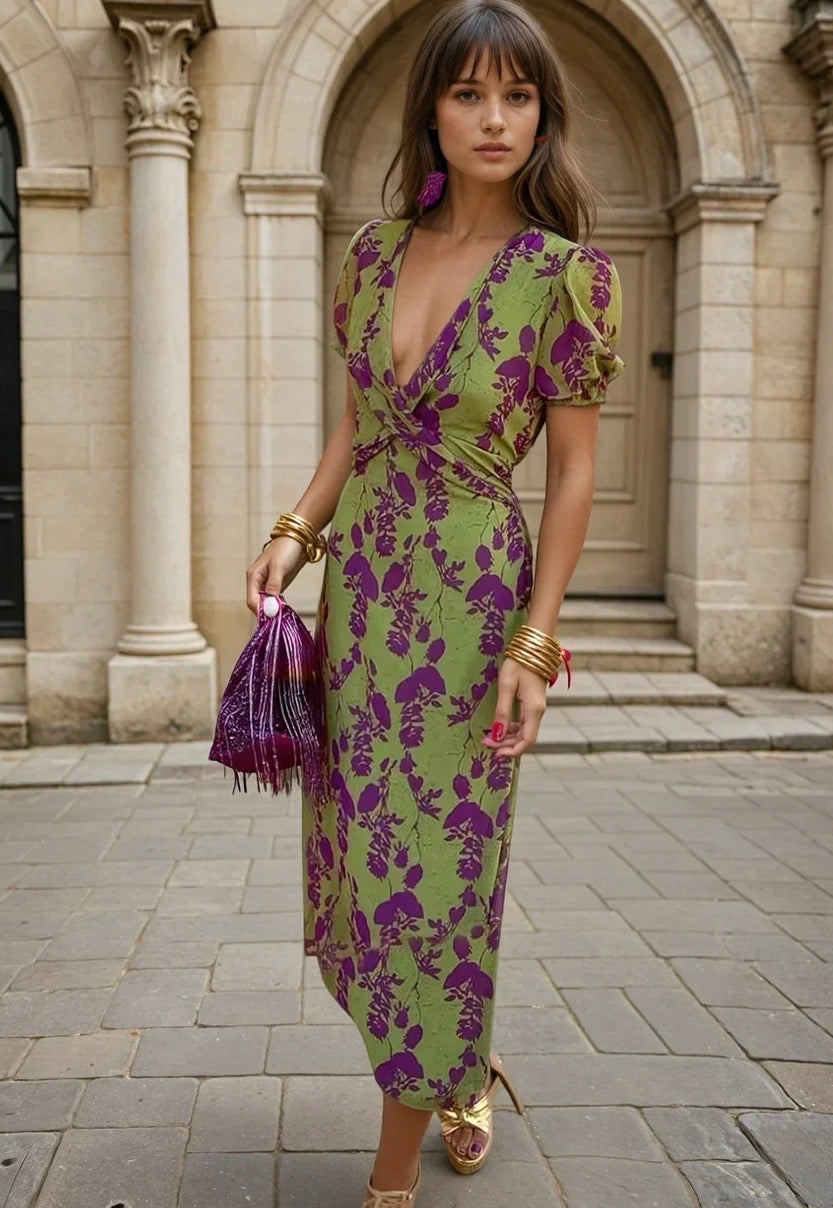 Vestido de Verano Midi Flores Elegante con Drapeado