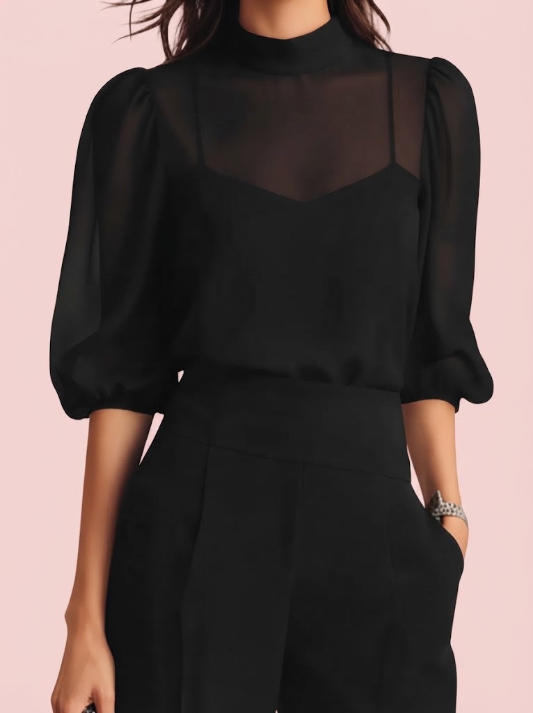 Valéria | Conjunto de tres piezas con top transparente y pantalón ancho