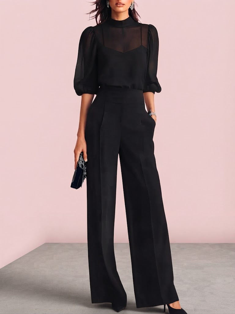 Valéria | Conjunto de tres piezas con top transparente y pantalón ancho