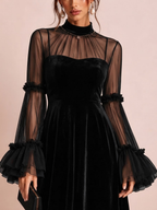 Stéphanie | Vestido midi plisado de terciopelo negro y malla transparente