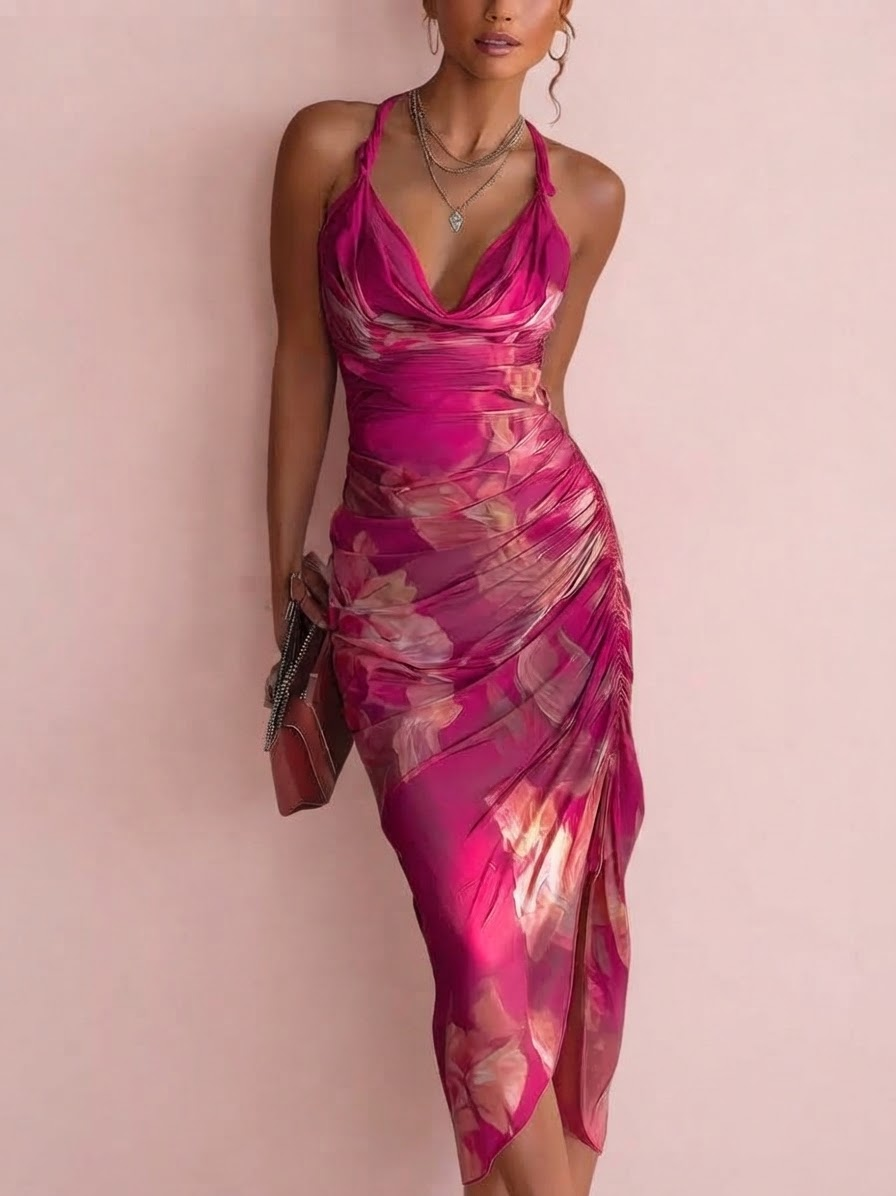 Camila | Vestido bodycon floral fucsia con drapeado y abertura lateral