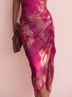 Camila | Vestido bodycon floral fucsia con drapeado y abertura lateral