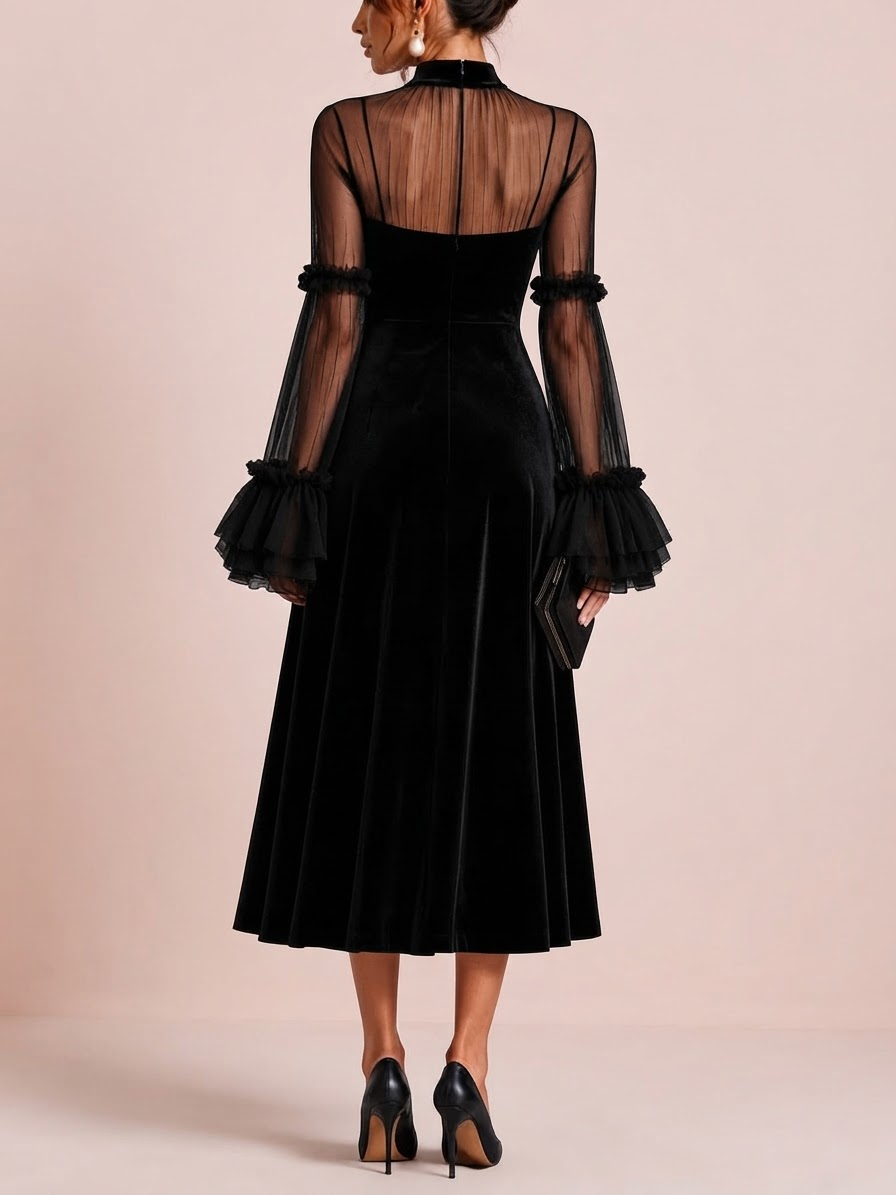 Stéphanie | Vestido midi plisado de terciopelo negro y malla transparente