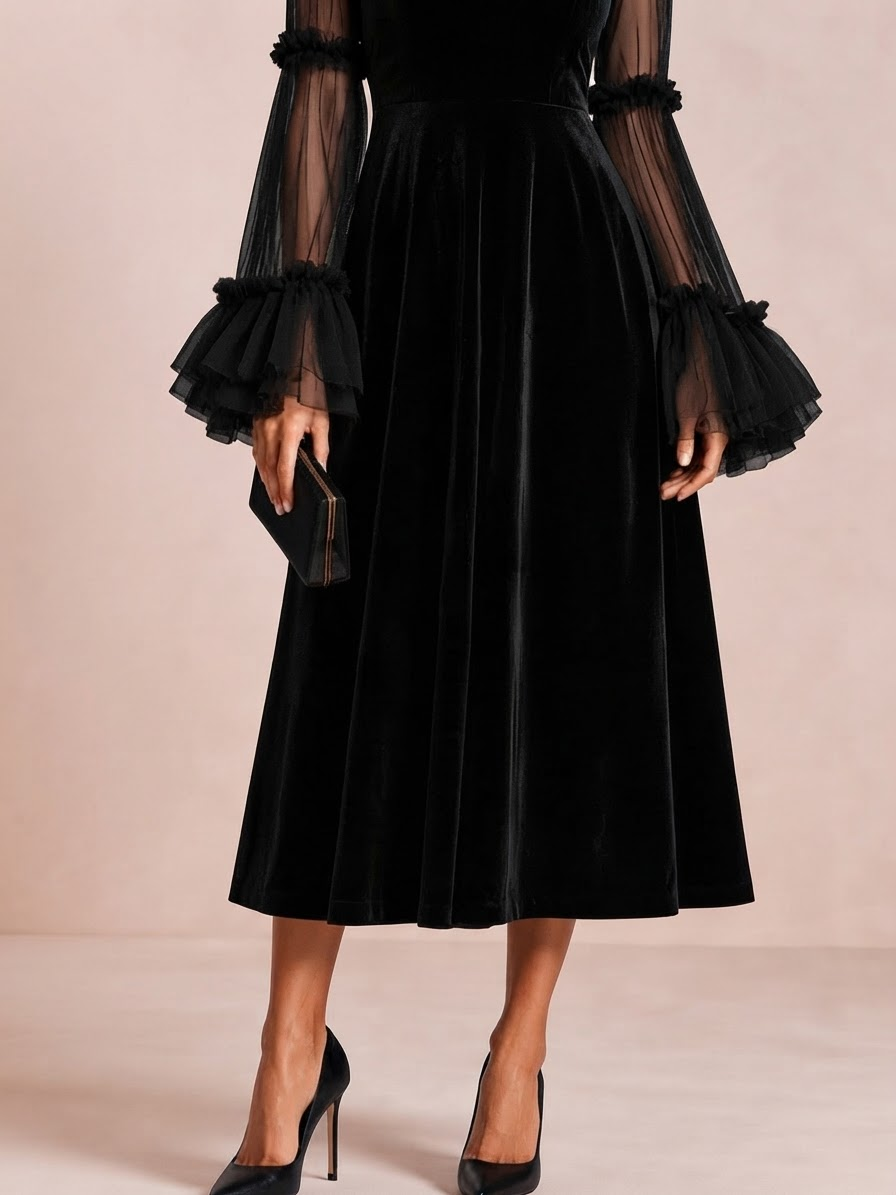 Stéphanie | Vestido midi plisado de terciopelo negro y malla transparente