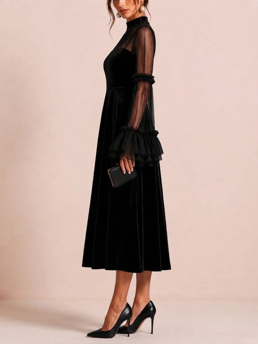 Stéphanie | Vestido midi plisado de terciopelo negro y malla transparente