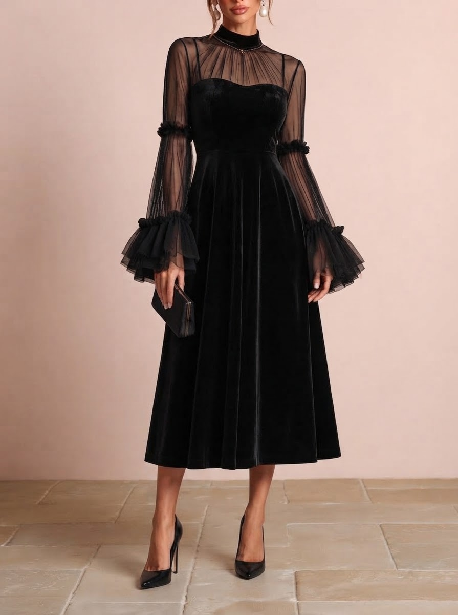 Stéphanie | Vestido midi plisado de terciopelo negro y malla transparente
