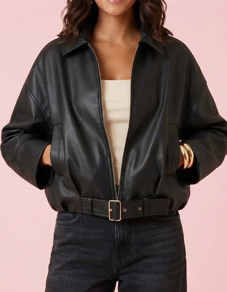Talia | Chaqueta bomber efecto piel con cinturón